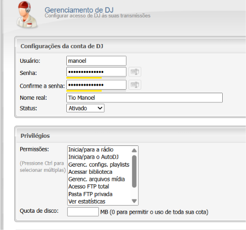 Centova Cast: Cadastro de DJs e locutores